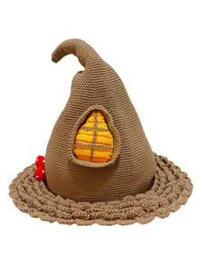 Crochet Witch Hat With Red Mushroom Accent For Halloween Costume, Knitted Pointed Witch Hat With Pom-Pom Detail, Perfect For Spooky Halloween Party & Cosplay, Fall / Winter