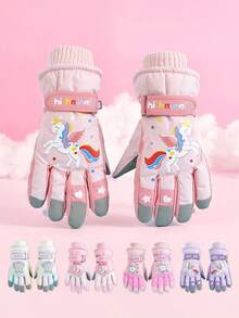 1 Pair Kids Cartoon Pattern Winter Warm Outdoor Sports Snow Ski Gloves, Waterproof And Windproof