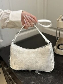 Túi xách nữ đa năng đính sequin hình lưỡi liềm kim loại màu trơn thời trang, túi tote, túi đi biển, túi đựng điện thoại thường ngày thời trang đính sequin - Màu be - Xem 3