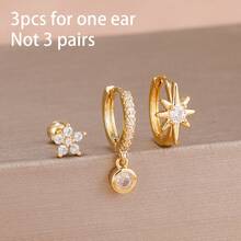 3件套单侧耳饰时尚星形锆石可叠戴耳钉，18K镀金不锈钢立方氧化锆独特花朵星形耳钉套装，优雅穿孔饰品，适用于耳骨、耳屏、耳廓、耳垂等部位，适合女性和女孩佩戴。 - 金-白-3pcs - 查看 3
