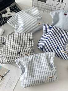 1 件格子蓝色刺绣花卉化妆包，女士口红收纳袋，化妆刷架旅行必备品，适合假期化妆包，化妆收纳旅行包，女士 - 彩色 - 查看 2