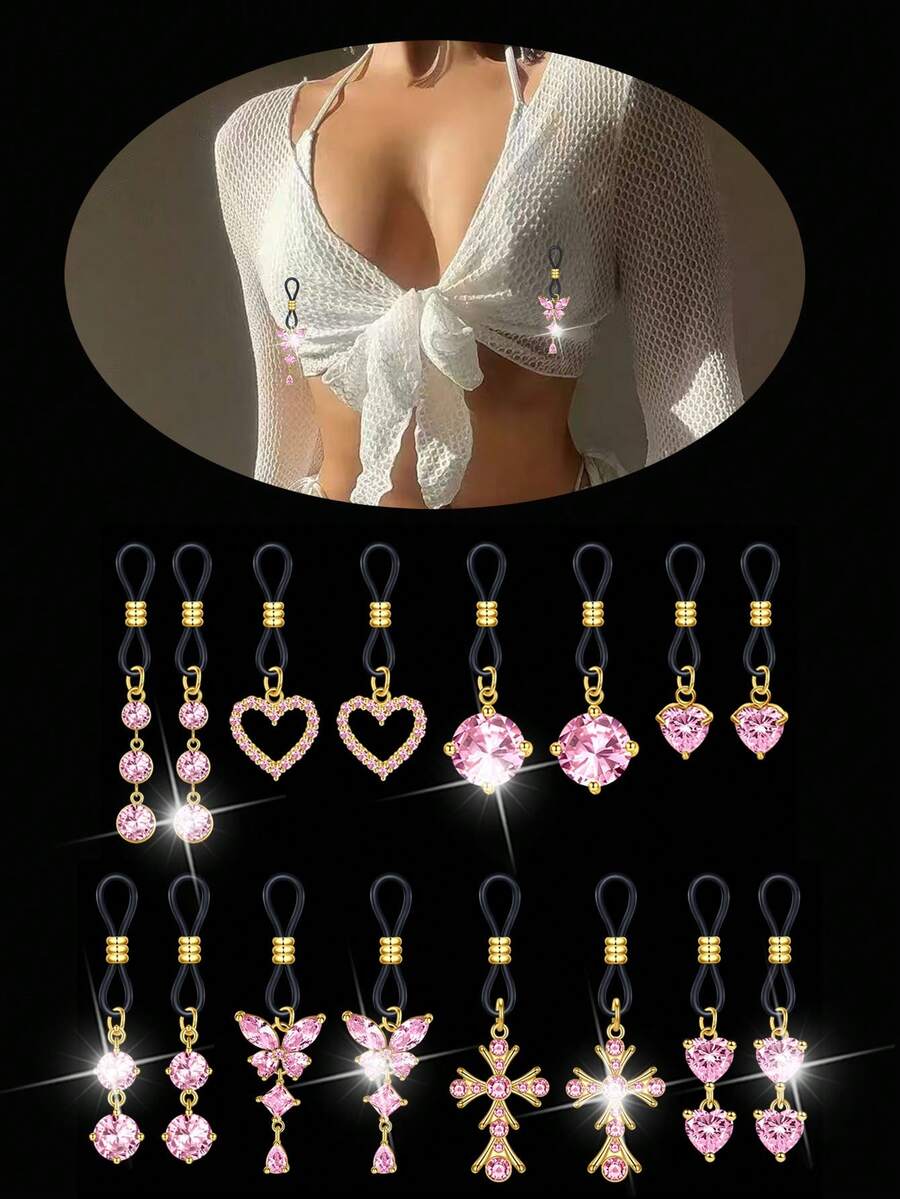 2 Pcs Pink Rhinestone Heart,Star,Butterfly,Cross Fake Nipple Rings For Women, Nipple Nipple Jewelry Non Piercing Dangle Nipple Ring, Non Pierced Nipple Body Jewelry