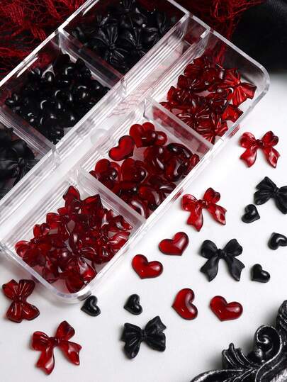 1Box Burgundy Black Love Heart Ribbon Bow Nail Charms Nail Parts Y2K Romantic Gentle Simple Style Bows Nail Supplies Accessories For DIY Women's Nail Salon Design Decoration