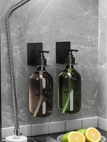 Black Stainless Steel Drill-Free Wall Mounted Storage Rack, Space Saving, Drill-Free Shower Gel Holder, Hand Wash Liquid Rack, Shampoo Rack, Dishwashing Liquid Rack, Aluminum Alloy Wall Mounted Bottle Rack, Wall Mounted Storage Rack, Bathroom Accessories, Suitable For Kitchen, Bathroom, Hotel, Household Essential Tool - Multicolor - View 2