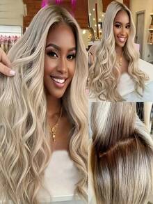 Ombre Brown Roots Ash Blonde 13x4 HD Transparent Body Wave Lace Front Wigs Human Hair Pre Plucked Bye Bye Knots 180 Density Brazilian Lace Frontal Wigs For Women Water Wave Wigs Human Hair With Baby Hair True To Length - 根染&漸變色 - 查看 7