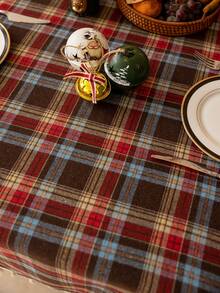 1pc Christmas Plaid Tablecloth, Tassel Decor, Retro Brown-Red Plaid, Brushed Woven Fabric, Rectangular, Washable, Suitable For Coffee Table, Bedside Cabinet, Dining Table Decor, Suitable For Home Kitchen, Party Dinner, Holiday Party Decor, Christmas, New Year, Autumn Decoration
