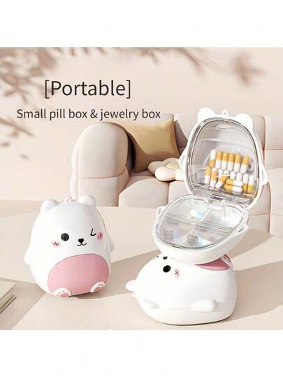 ​Cute Bear 5-Compartment Multi-Use Organizer Box, Portable Mini Pill Case & Jewelry Storage With Secure Lid - Creative Travel Essential, Gift Idea For Girls