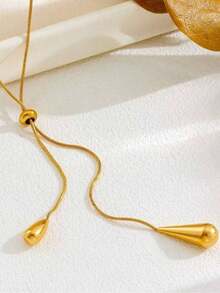 1pc Stainless Steel Retro Minimalist High-End Metallic Water Drop Pendant Necklace - Gold - View 3