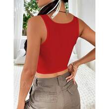Women Rib Tank Top Padded Workout Top Square Neck Crop Tank Fitted Basic Cami Tops - Hot Red - View 5
