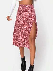 Rosa Lunares Impreso Cintura Alta Estiramiento Envoltura Cadera Split Falda Larga Halter Falda lápiz elástica de cintura alta con estampado de lunares y abertura, falda larga evasé con estampado de leopardo Faldas de Mujer - Rosa Roja - Ver 5