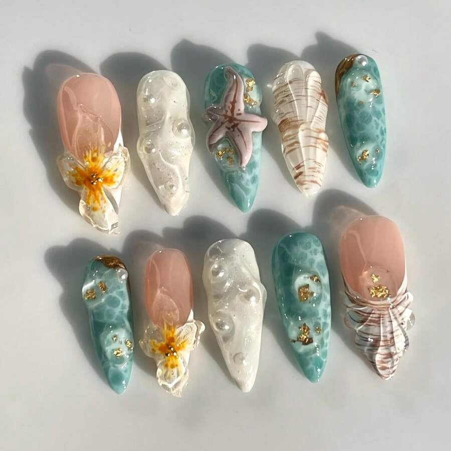 New Craft Almond-Shaped Handmade Armor 3D Three-Dimensional Ocean Sunshine Scent Sweet Flowers Marine Life Starfish Pearl Shells Suitable For All Women And Girls Daily Matching Gifts - sao biển - Xem 1