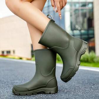 Women's Rain Boots, Striped Cargo Style Style PVC (Polyvinyl Chloride) Outdoor Ladies Waterproof Boots, Green Mid-Calf Shoes, Plaid Pattern, Unisex Waterproof Work Boots