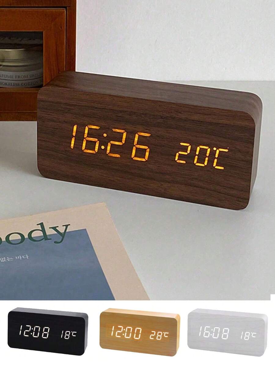 1 Pieza Reloj de madera inteligente para la vida Despertadores para dormitorio Reloj de mesa Dispositivo electrónico para el hogar Decoración Repetición de alarma Reloj de mesa de cabecera con control de voz Reloj despertador digital de escritorio Decoración del hogar Regreso a la escuela Decoración de la habitación Útiles escolares