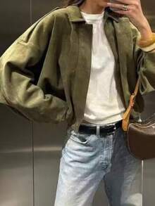 Camellia Casual Versatile Suede-Effect Bomber Jacket For Women, Spring/Autumn - Army Green - View 2