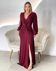 Long Sleeve Dress With Fluity Slit And V-Neckline - 紅木色 - 查看 1
