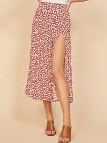 Rosa Lunares Impreso Cintura Alta Estiramiento Envoltura Cadera Split Falda Larga Halter Falda lápiz elástica de cintura alta con estampado de lunares y abertura, falda larga evasé con estampado de leopardo Faldas de Mujer - Rosa - Ver 3