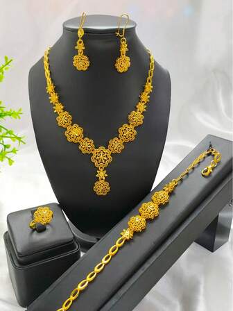 4pcs Gold-Plated Floral Pendant Necklace Jewelry Set (Necklace, Earrings, Bracelet, Ring) - Suitable For Weddings, Parties, Dates, Holidays, Birthdays, Mother's Day, Graduations, Festivals