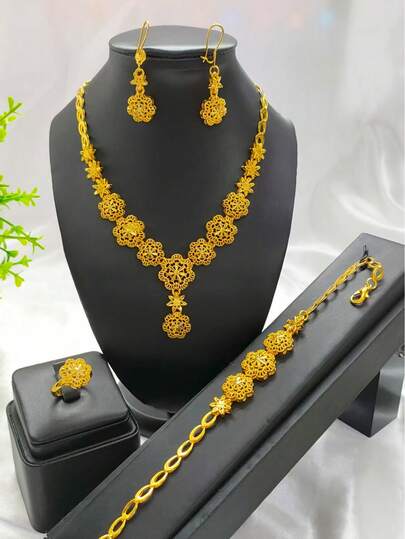4pcs Gold-Plated Floral Pendant Necklace Jewelry Set (Necklace, Earrings, Bracelet, Ring) - Suitable For Weddings, Parties, Dates, Holidays, Birthdays, Mother's Day, Graduations, Festivals