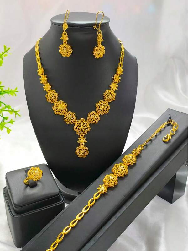 4pcs Gold-Plated Floral Pendant Necklace Jewelry Set (Necklace, Earrings, Bracelet, Ring) - Suitable For Weddings, Parties, Dates, Holidays, Birthdays, Mother's Day, Graduations, Festivals