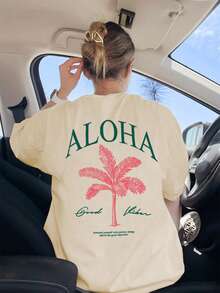 Áo thun nữ tay ngắn cổ tròn in hình cây cọ, kiểu dáng thời trang nghỉ dưỡng, món đồ thiết yếu hàng ngày. Áo thun in hình, màu trắng, đen, hồng, thích hợp cho kỳ nghỉ. - Màu be - Xem 7