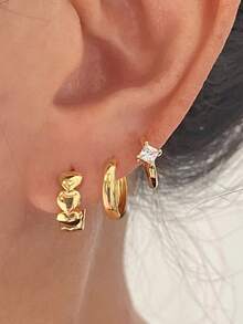 6pcs Simple Copper Zirconia Hoop Earring Set, Women's Daily Wear & Gift - Yellow Gold - View 8