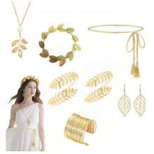 5件套希腊女神风格服装及配饰套装，包括树叶皇冠、发箍、手镯、耳环、新娘头饰、万圣节主题 - 彩色 - 查看 17