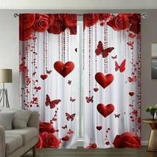 2pcs Valentine's Day Red Rose & Heart Butterfly Print Curtains - Modern Polyester Fabric, Semi-Blackout, Rod Pocket Design, Suitable For Living Room, Bedroom, Kitchen, Office Or Holiday Apartment (Rod Not Included) - Multicolor - View 6