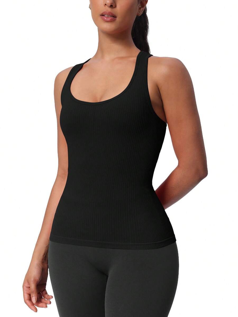 Seamless Workout Tank Top For Women With Built In Bra, Padded Racerback Athletic Yoga Camisole - Black - View 1