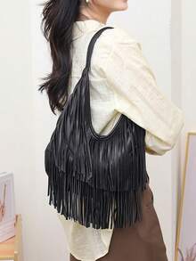 Women's Retro Suede Fringe Shoulder Bag, Crossbody Bag, Tote Bag - Black - View 4