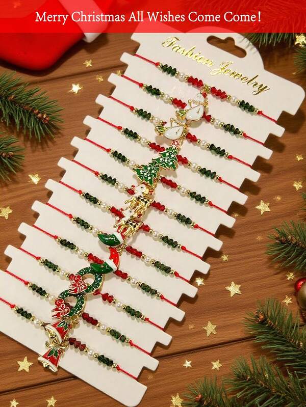 1/6/12pcs Christmas Bracelet Set, Handmade Woven Bracelet Jewelry Set, Christmas Gift, Christmas Elements Include Christmas Tree, Snowflake, Santa Claus, Women Layered Bracelets, Bracelet Pendant Accessories, Adjustable Beaded Bracelets, Y2K Bracelets, Women Jewelry Accessories, Friendship Bracelets, Women Gold-Tone Accessories, Matching Bracelet Set