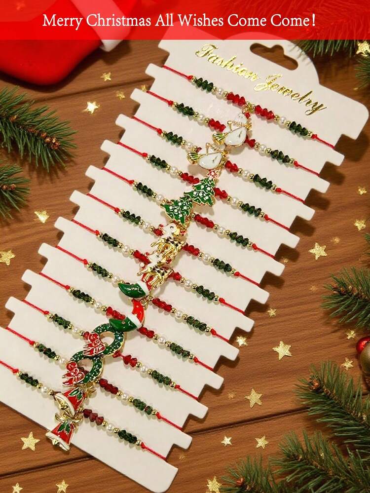 1/6/12pcs Christmas Bracelet Set, Handmade Woven Bracelet Jewelry Set, Christmas Gift, Christmas Elements Include Christmas Tree, Snowflake, Santa Claus, Women Layered Bracelets, Bracelet Pendant Accessories, Adjustable Beaded Bracelets, Y2K Bracelets, Women Jewelry Accessories, Friendship Bracelets, Women Gold-Tone Accessories, Matching Bracelet Set - Style 4 - View 1