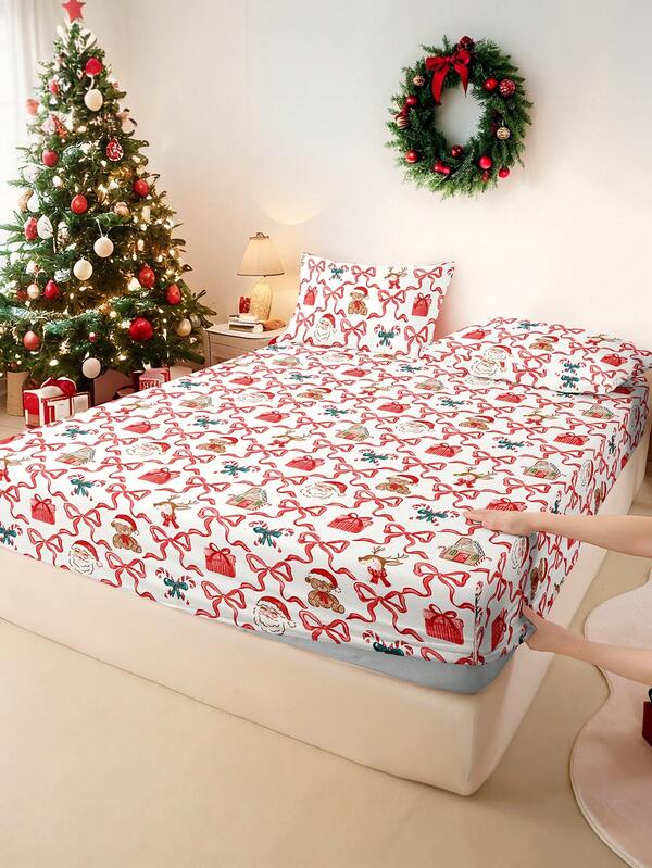 2/3pcs/Set Christmas Bow Reindeer Christmas Tree Print Fitted Sheet Set Without Filler, Fitted Sheet Set For Bedroom Brushed Microfiber Breathable Comfortable 1pc Mattress Cover With 1/2pcs Pillowcase, Bed Cover Set King Queen Full Twin Size Fitted Sheet Set For Bedroom Breathable Comfortable Sheet Bedspread Deep Pocket Up To 11.8 Inch Breathable Wrinkle-Free Better For Sleep, Machine Washable,Christmas Bedding Gift