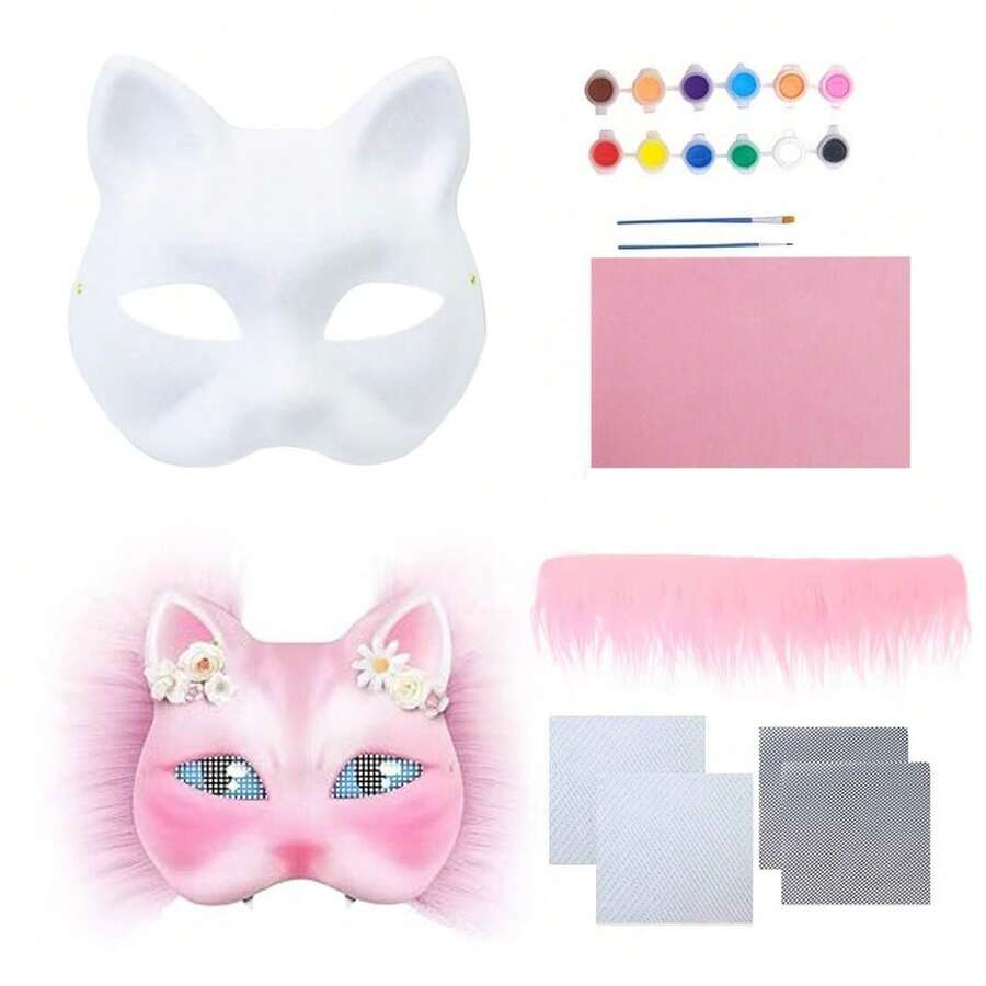 1Set Halloween DIY Animal-Themed Party Mask Making Set- Blank Cat & Fox Half-Face Masks With Colorful Felt Sheet, Mesh Grids, And Accessories For Painting & Decoration - Ideal For Parties, Festivals, Costume Balls, And Performances - Multicolor - View 1