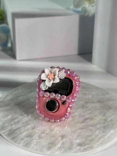 Anello contatore elettronico portatile personalizzato con fiori in strass multicolore, contatore manuale a pulsante mini palmare, confezione in cartone - Tasbih - adatto per contare preghiere, sport, regali per le vacanze, ecc.