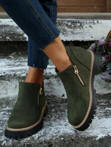 女士时尚休闲百搭纯色双拉链粗跟踝靴，适合所有季节，秋季，冬季，秋季，秋冬
