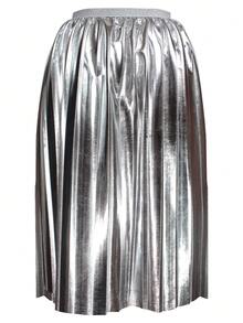 Falda juvenil estilo midi plisada en corte A, cómoda y ligera con cintura elástica - Plateado - Ver 5