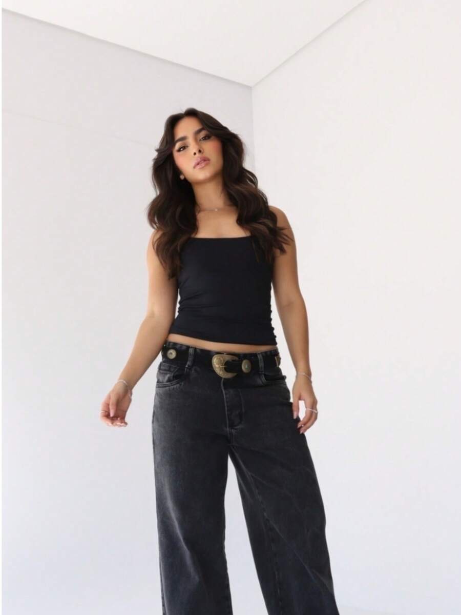 Polyamide Tank Top, Basic Tank Top, Thin Strap Asthetic Tank Top, Basic Fashion Tank Top, Basic Tank Top, Double Lining - 黑色 - 查看 1