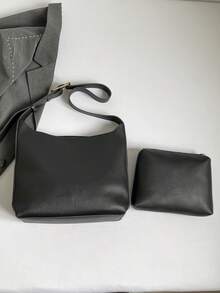 新款休闲水桶包，复古单肩斜挎包，大容量托特包 - 黑色 - 查看 4