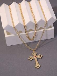 1pc Vintage Double Cross Pendant Necklace, St. Patrick's Day Gift, Women's Holiday Jewelry Present (Jewelry Box Not Included) - Gold - View 10