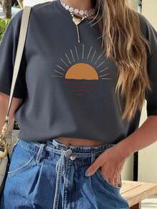 女士简约百搭印花休闲圆领短袖T恤，夏季新款，舒适百搭。图案T恤，女士白色上衣，黑色上衣 - 深灰色 - 查看 6