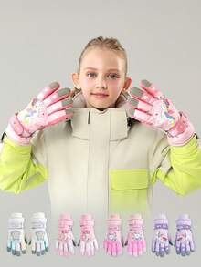 1 Pair Kids Cartoon Pattern Winter Warm Outdoor Sports Snow Ski Gloves, Waterproof And Windproof