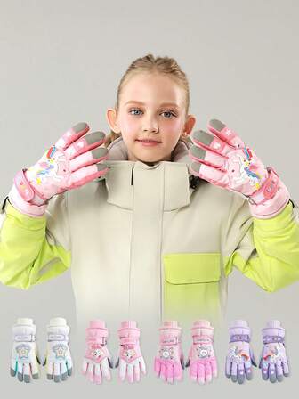 1双儿童卡通图案冬季保暖户外运动滑雪手套，防水防风