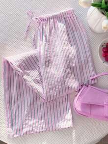 Womens Fall Striped Pants Casual Loose Fit Stylish Elastic Mid Rise Straight-Leg Trousers