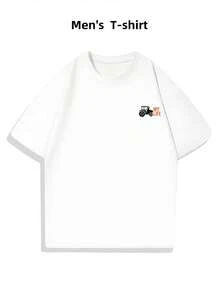Vintage Graphic Tractor Heartbeat T-Shirt, Men's Double-Sided Print T-Shirt, , Casual, Crew Neck, 220 G/M², Pure Cotton (1 Piece), Summer Tops - 白色 - 查看 2