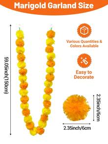 1 pieza/2 piezas/3 piezas/4 piezas Guirnalda de caléndula para decoración, 5 pies de largos hilos artificiales de flores de caléndula amarillas y naranjas para decoración del hogar para Diwali, Pooja, Día de los Muertos, bodas y eventos navideños