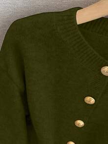 1 件秋冬纯色单排扣简约灰色开衫设计，短款前开衩腰部收紧独特金属纽扣长袖针织上衣开衫女 - 綠色 - 查看 5