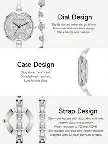 Anne Klein Conjunto de Relógio de Bracelete com Mostrador Floral e Pulseira Decorada com Cristais para Mulheres