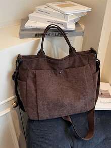 灯芯绒多口袋女士复古手提包，简约单肩/斜挎包，学生书包，办公手提包，大容量可折叠购物袋 - 棕色 - 查看 6