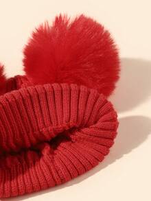 1 件婴儿童包芯纱翻边无檐帽，秋冬季保暖户外帽 - 紅色 - 查看 4