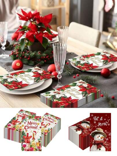 20pcs Christmas Napkins, Christmas Themed Designs Including Snowman, Champagne, Holly Leaves & Fireworks, Suitable For Malls, Hotels, Family Gatherings, Christmas Decoration, Christmas Table Decor